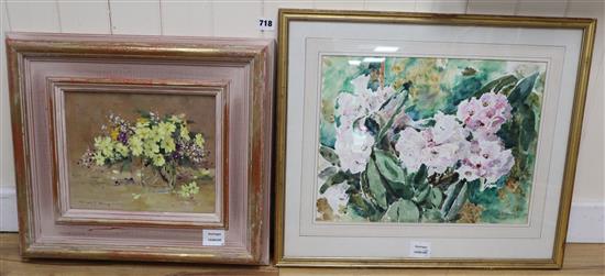 Robert King, oil on canvas, Primroses, 22 x 27cm and a watercolour of Rhododendrons by Francis James
